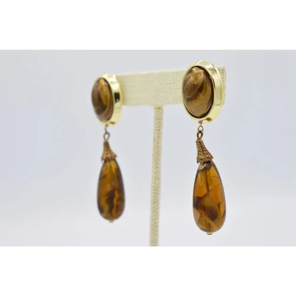 Vintage Dangle Earrings Lucite Marbled Brown Tortoise Chunky 1980s 9L